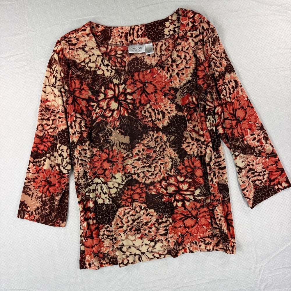 Chico's Travelers Womens Floral Top Size 3 XL 3/4 Sleeve Brown Coral Knit Blouse - Picture 6 of 9